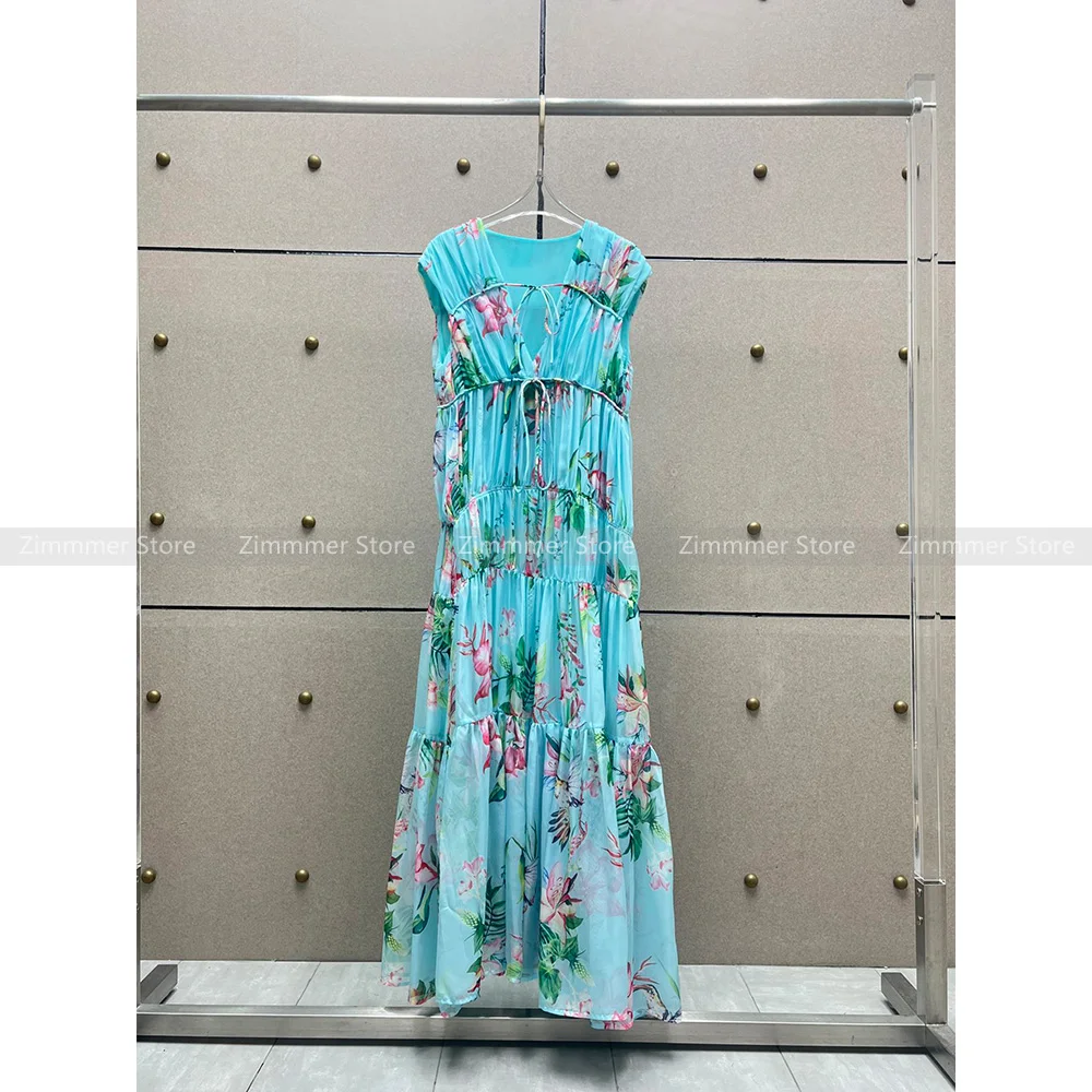 

V-neck Printed Pleated Tie Waisted Halter Dress Women's Niche Design Vacation Style Long Dress