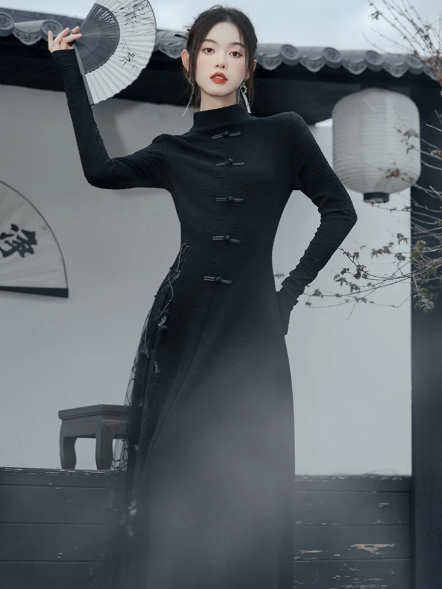 

Элегантное черное ципао: китайская национальная одежда для повседневной носки, с длинными рукавами, осенне-зимняя мода, высококачественная полиэстеровая ткань