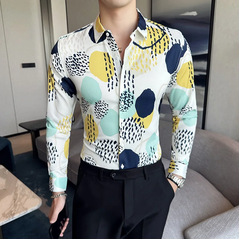 Luxury Men\'s Printed Shirts Spring Autumn Korean Long Sleeve Slim Men Dress Shirt Party Business Social Boutique Ropa Hombre 6XL