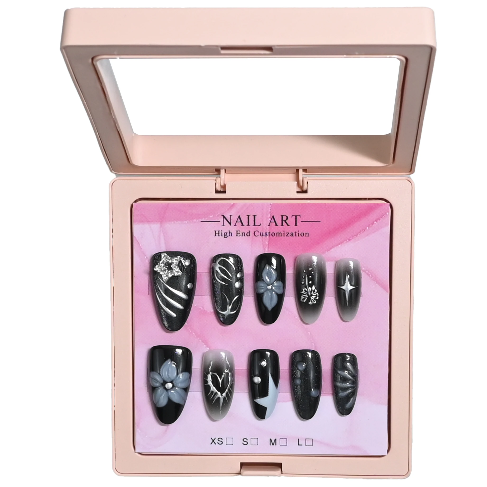 New arrival: 10 handmade medium almond press-on nails, exquisitely packaged. Black-gray gradient base with 3D blue flowers, silv