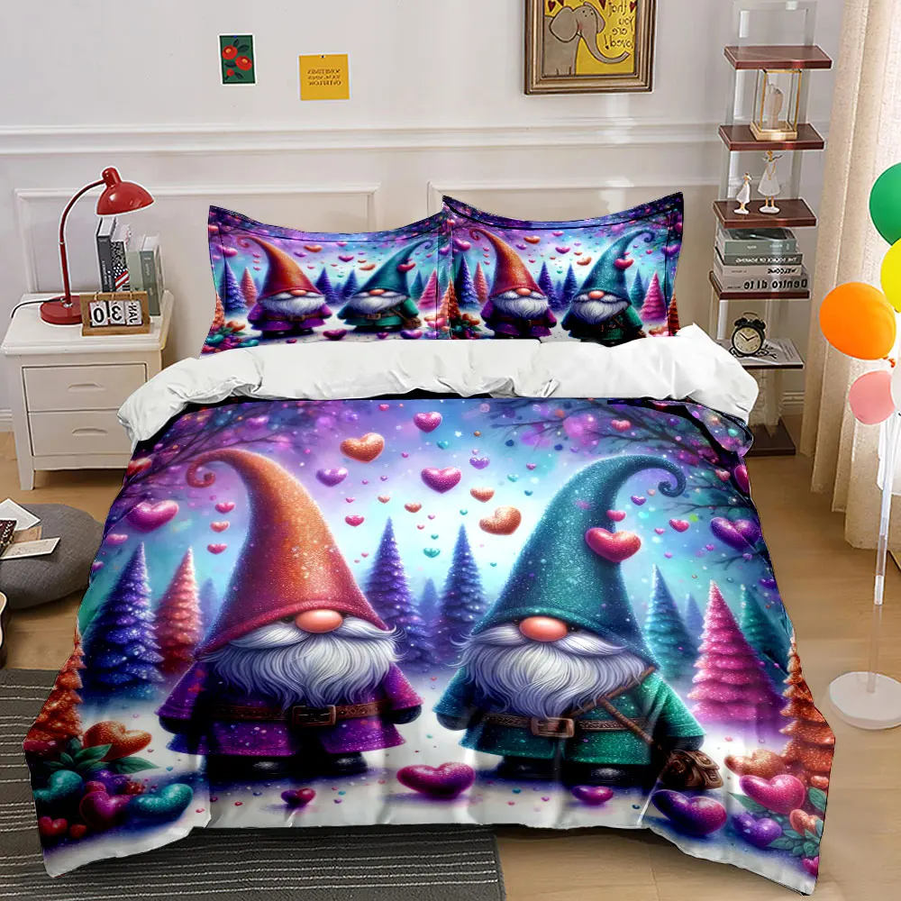 Adorable gnomes surrounded by hearts in a colorful forest Print Duvet Cover Bedding Set Included 1*Duvet Cover 2*Pillowcases