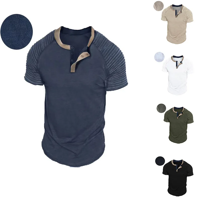 

Foreign Trade Men's Summer T-shirt, Short Sleeved Men's Button Color Matching V-neck, Short Sleeved Casual Pleated Henley Shirt