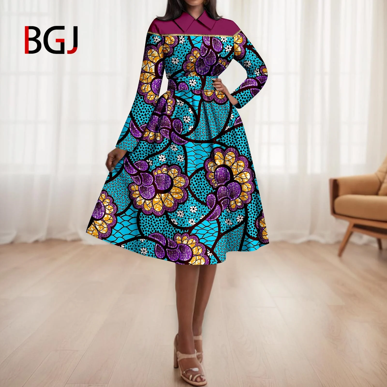 BGJ African Women's Dresses Ankara Shirt Neck Patchwork A-Line Shirt Dress with Belt Dashiki Printed Party Wedding Dresses