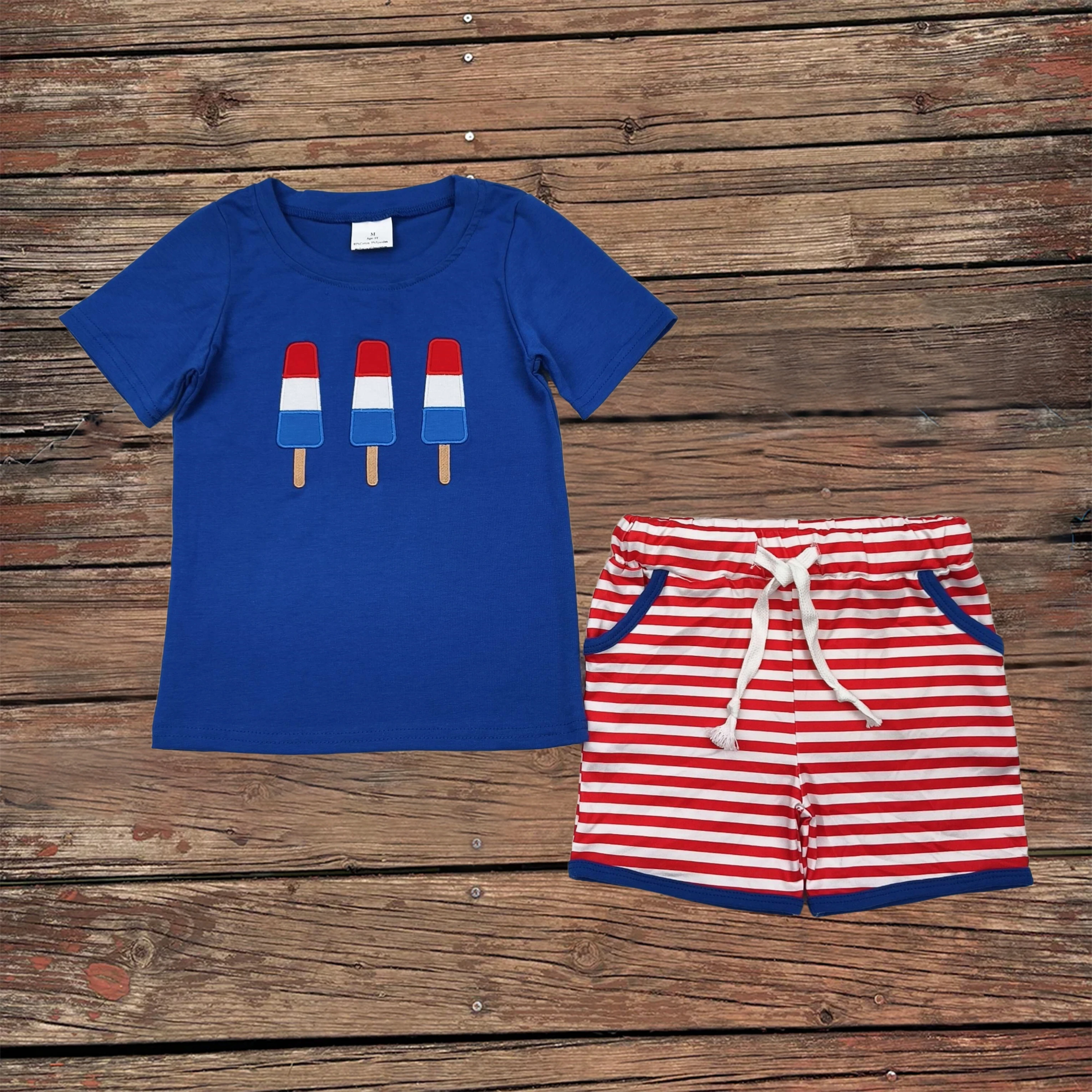 

Wholesale Children July 4th Clothes Infant Toddler Baby Boy Short Sleeves Embroidery Popsicle Shirt Top Kids Striped Shorts Sets