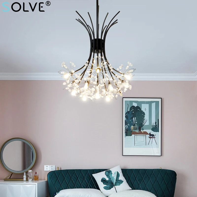 Nordic Light Luxury Iron Chandelier Creative Bouquet Flower Ball Crystal Ceiling Chandelier Living Room Bedroom Dining Room Lamp