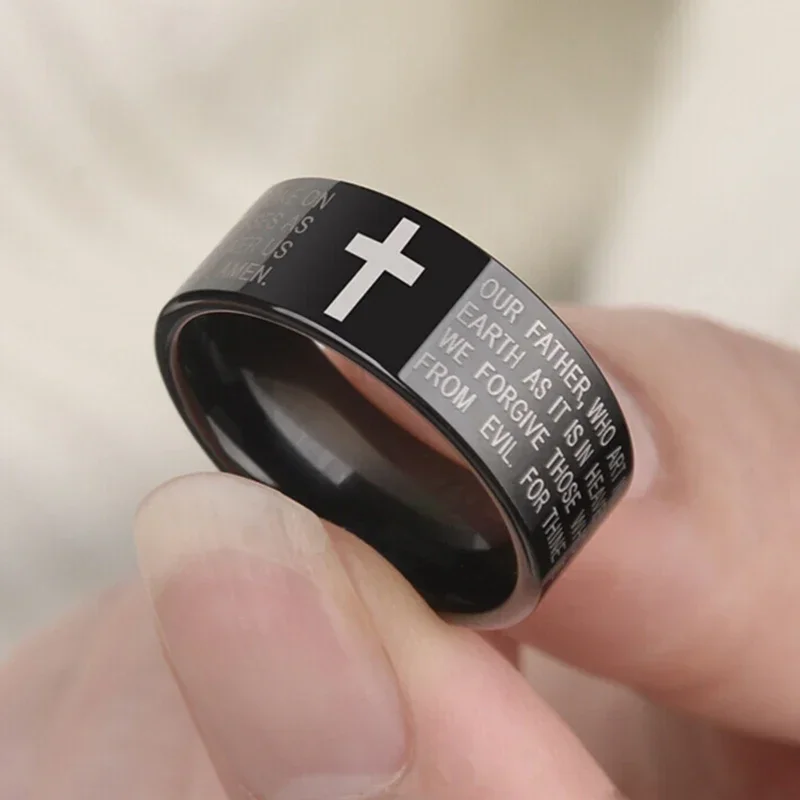 Stainless Steel Black Color Jesus Cross Ring Letter Bible Prayer Finger Rings For Men Bible Cross Rings For Women Jesus Jewelry