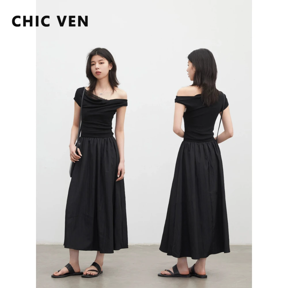 Robe longue décontractée pour femme CHIC VEN, à manches courtes, col bénitier en dentelle, coupe ample, collection Printemps-Été 2026