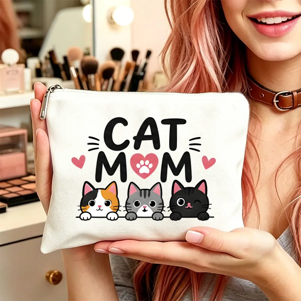 Women Cat Themed Makeup Bag Toiletry Pouch Zipper Closure Cosmetic Travel Birthday Gifts Mom Daughters Cat Ladies Compact Gift