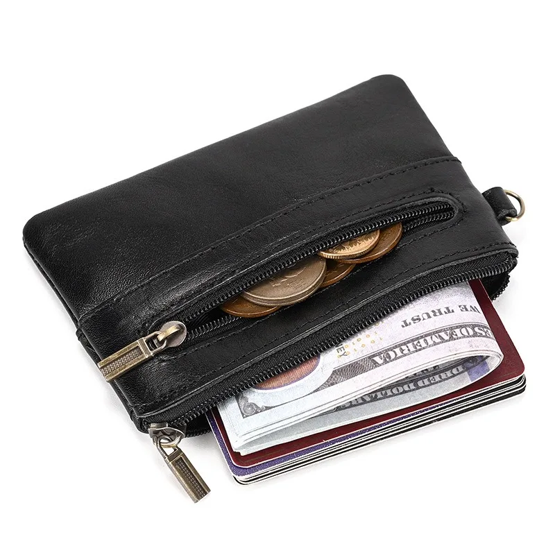 Little Coin Purse Genuine Leather Real Cowhide Men's Leather Short Wallet Mini Purse Men Women Key Wallet Card Zip with Key Ring image 6