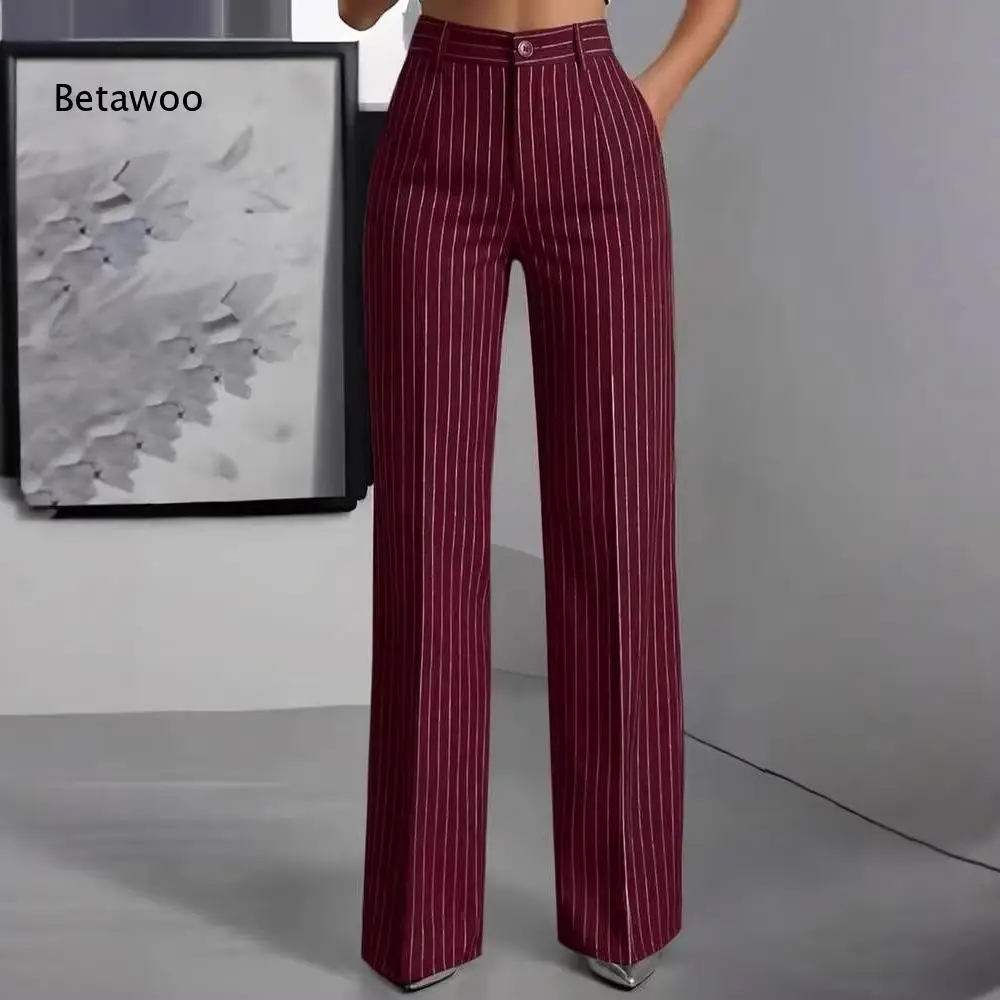 Khaki White Vertical Stripe High Rise Front Pleat Side Pocket Relaxed Straight Leg Floor Length Business Dress Pants