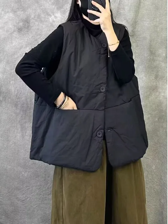 

Retro ort Svel Vest Cotton Women's Loose Casual Warm Autumn Winter New Sle Large Size round Ne Single Button Closure