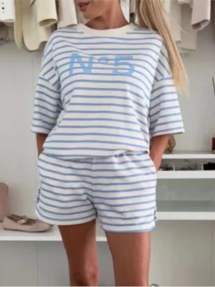 عادية مخطط 2 قطعة مجموعات للنساء موضة قصيرة الأكمام س الرقبة القمم عالية الخصر مجموعة تي شيرتات قصيرة للأطفال سيدة الصيف الرياضة الملابس النسائية #4