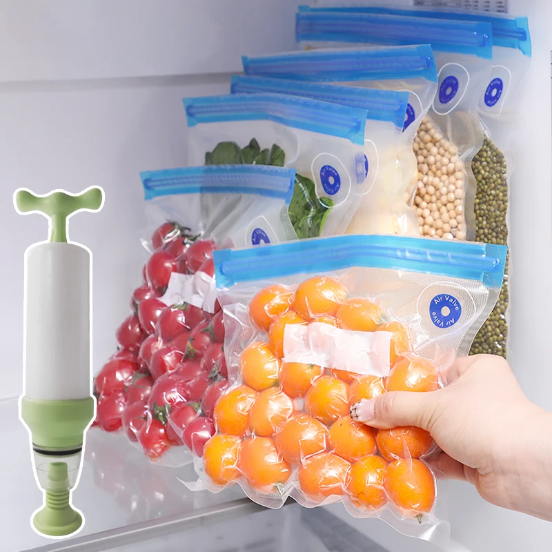 10Pcs Reusable Vacuum Sealer Bags Food Storage bag Household Vacuum Vegetables Food Sealer Bag With Hand Pump Sealing Clips