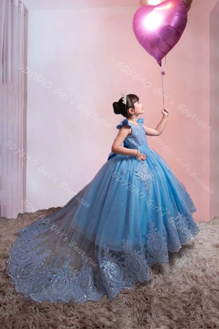 فستان الأميرة للفتيات الأزرق مزين بالخرز من التول فستان فتاة الزهور مع ذيل قابل للانفصال/فيونكة مخصصة للحفلات