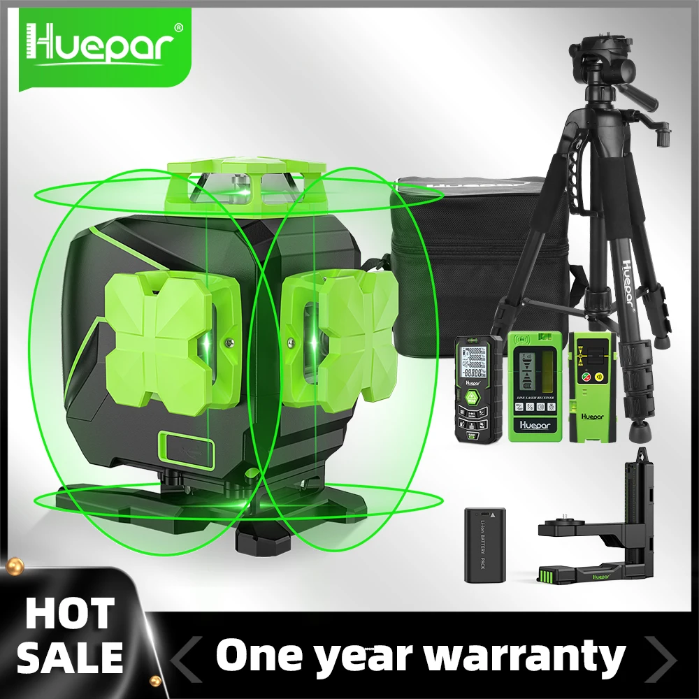 Huepar 4D 16 Lines Self-Leveling Laser Level 4 x 360° Green Beam Cross Line Laser With Bracket Li-ion battery For Tiles Floor