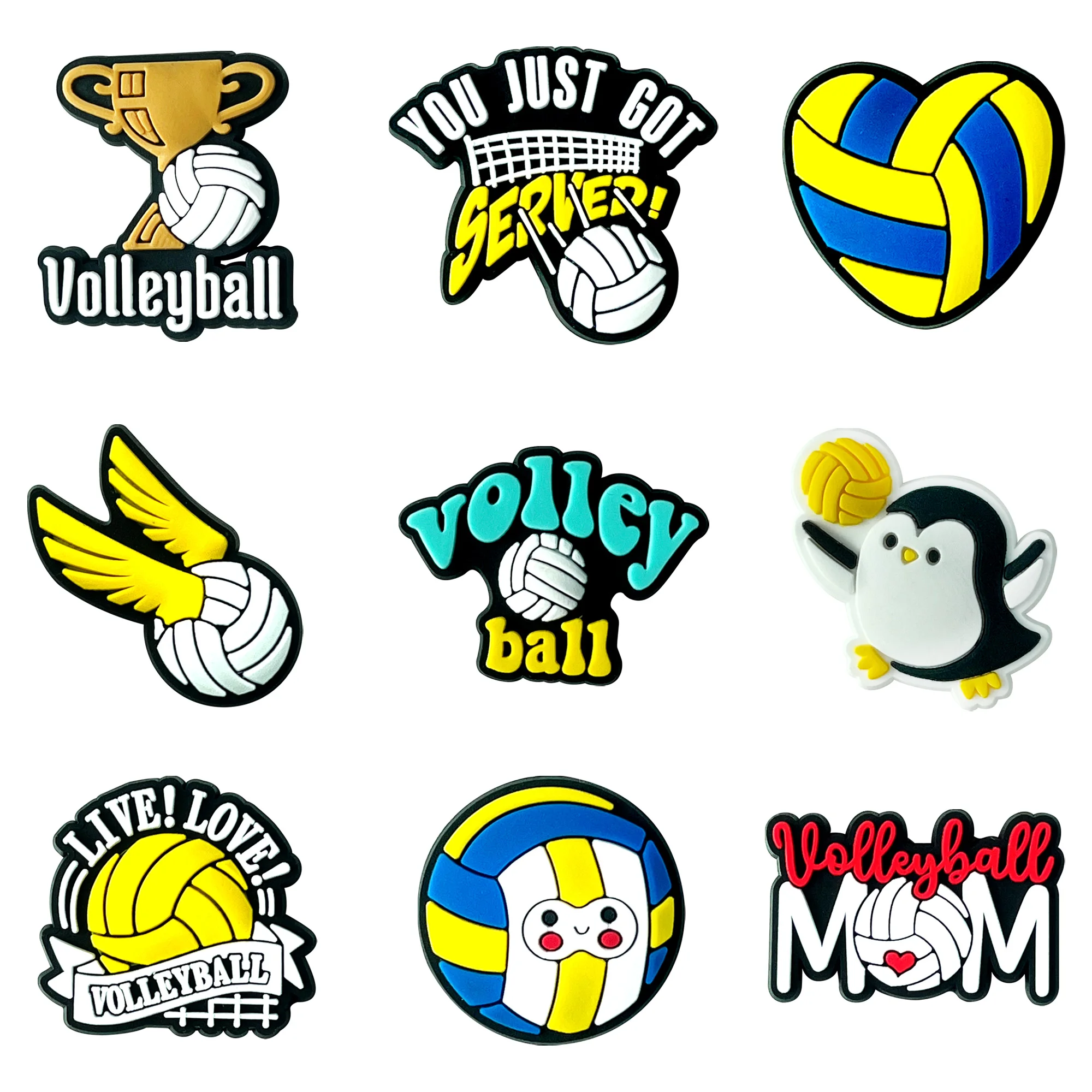 1-9PCS Hot Toys Volleyball series Shoes Charm Decorations various styles PVC Decoration Detachable Waterproof For Party Gifts