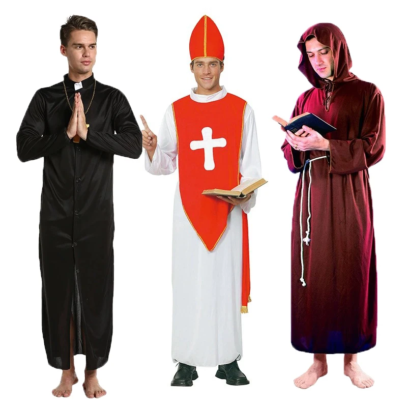 Disfraz de Pascua y Halloween para Hombres Adultos, Disfraces de Sacerdote, Obispo, Pastor Cristiano, Cosplay de Sacerdote, Negro, Rojo Vino R