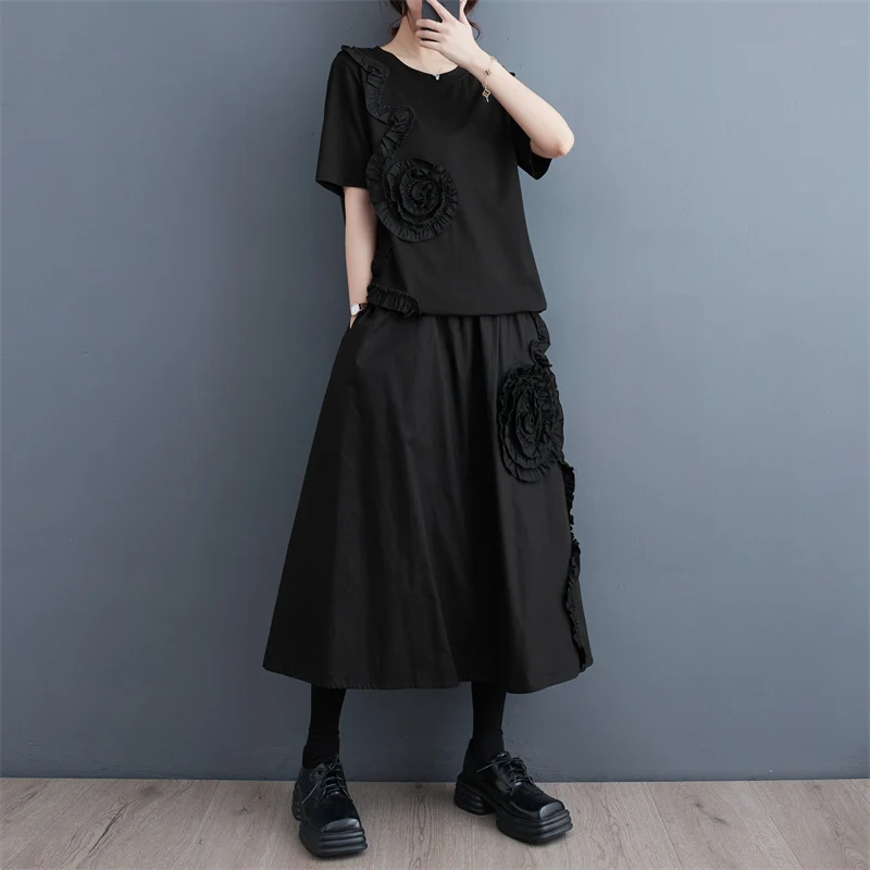 Summer Loose Artistic T-Shirt Skirt Set Pure Color Decorative Wood Grain  Three Dimensional Flower Decoration Cotton Blend