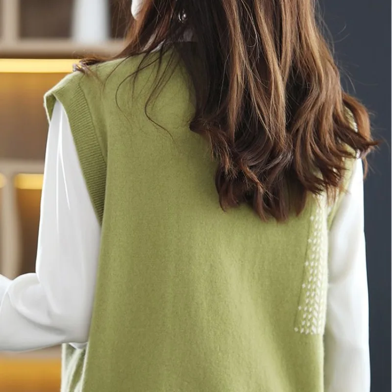 Autumn and Winter Women\'s Pullover Round Neck Patchwork Screw Thread Printing Loose Sweater Fashion Casual Sleeveless Vest Top