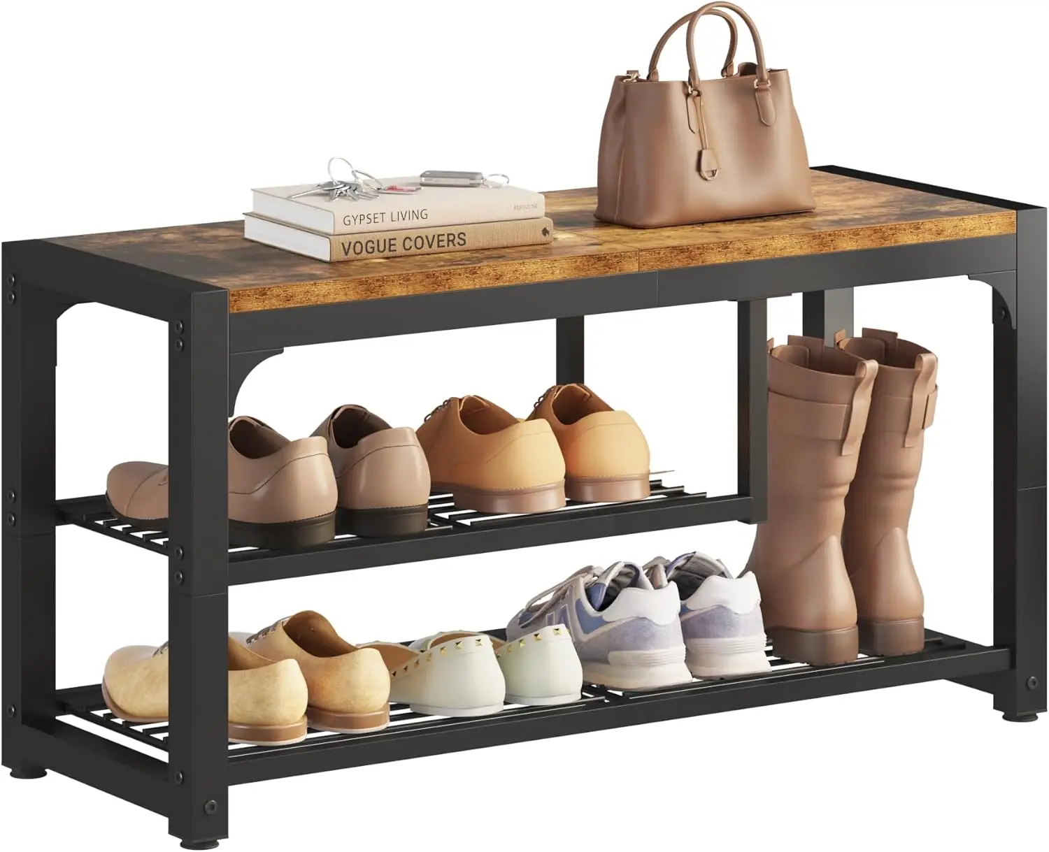 

3-Tier Shoe Rack Bench with Mesh Shelves, Industrial Entryway Storage, 31.5" Wide, Rustic Brown
