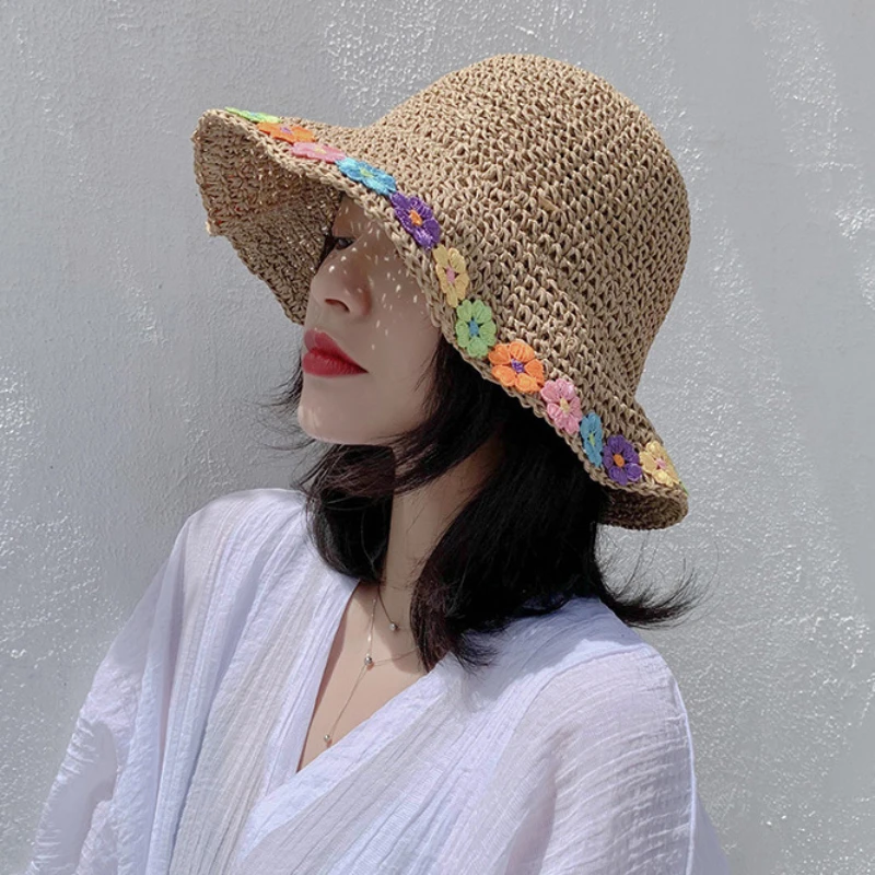 Summer Flower Straw Sun Hat Women Crochet Bucket Hat Women Foldable Panama Cap Sun Cap Flower Vacation Beach Hat