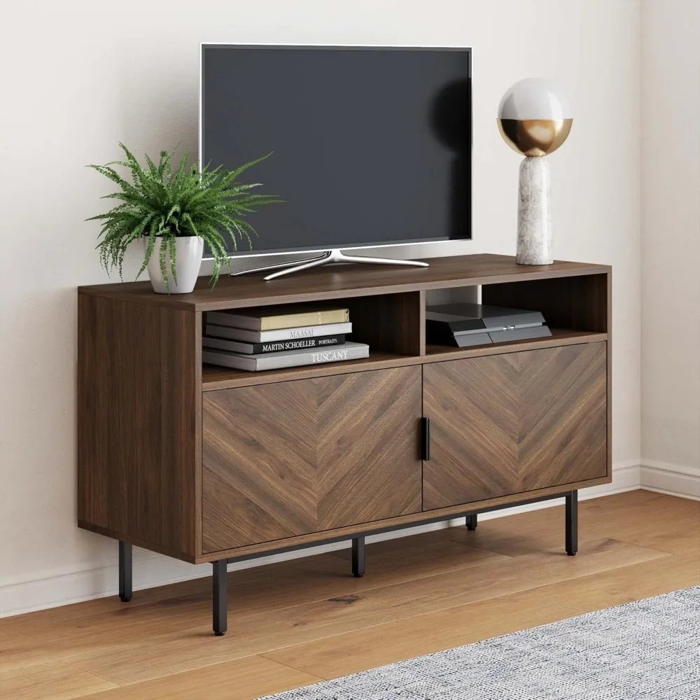 Izsak Wood Media Console, TV Stand, Entertainment Cabinet with Herringbone Doors and Cubby Storage in a Rustic Dark Finish