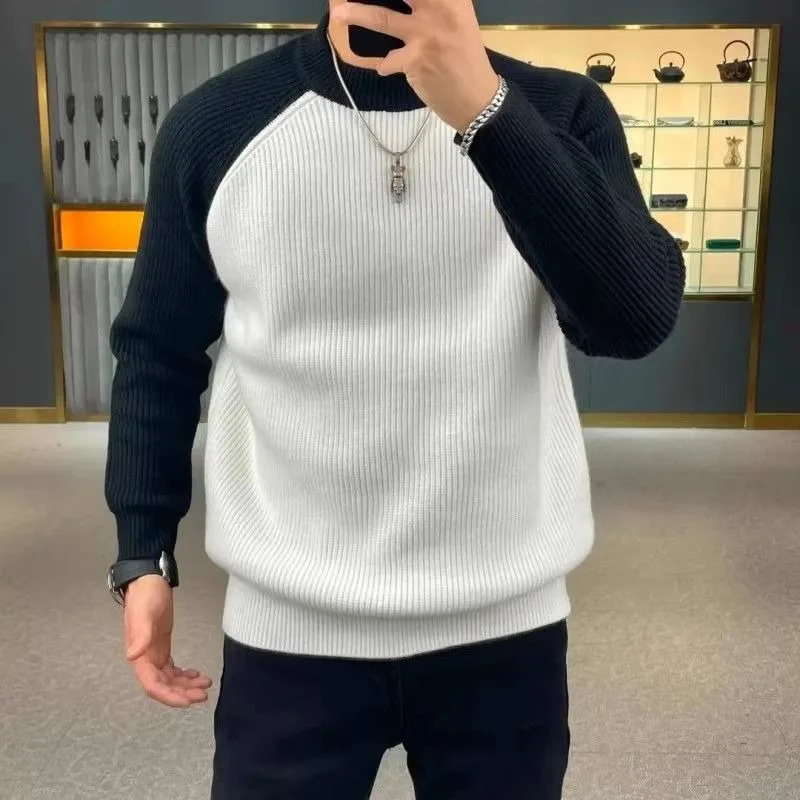 Men Raglan Sleeve Color Block Knit Sweater Stand Collar Vertical Striped Pullover Sweater