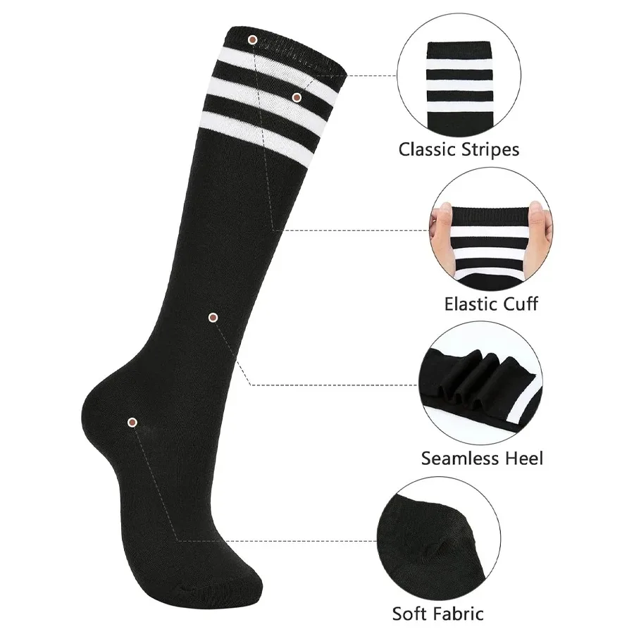 Women's Striped Knee High Socks, Classic 3 White Stripe Socks Casual Sporty Crew Socks for School Uniform Soccer Daily Wear view 2