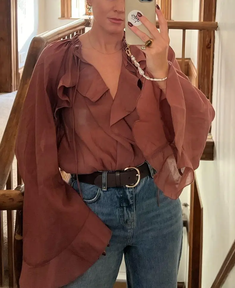 NOVEDAD DE VERANO 2025 Camisa con cordones y volantes Temperamento Top versátil informal y de moda para mujer