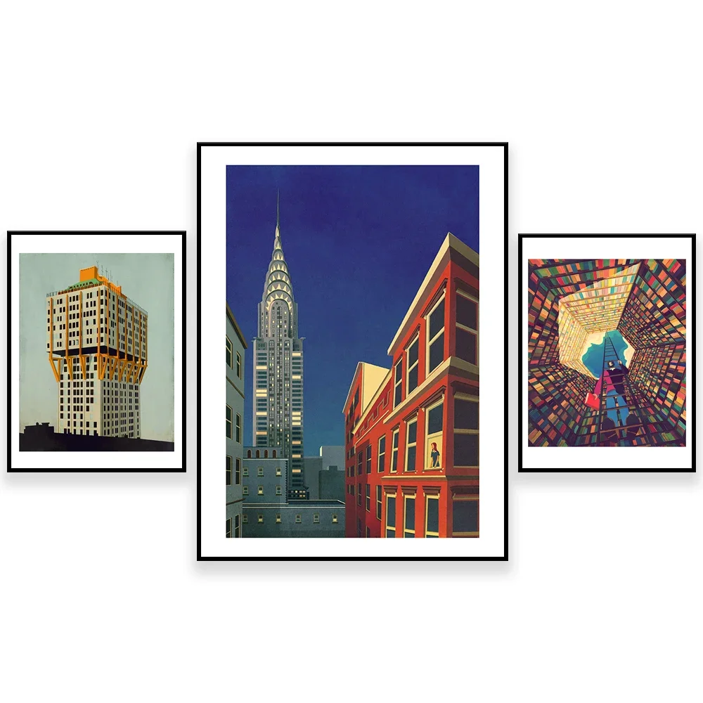 Italian Dance Sunset, Babel Library, Book Shelves, New York Architecture Skyline, Miami Arts Festival Architecture Print Poster