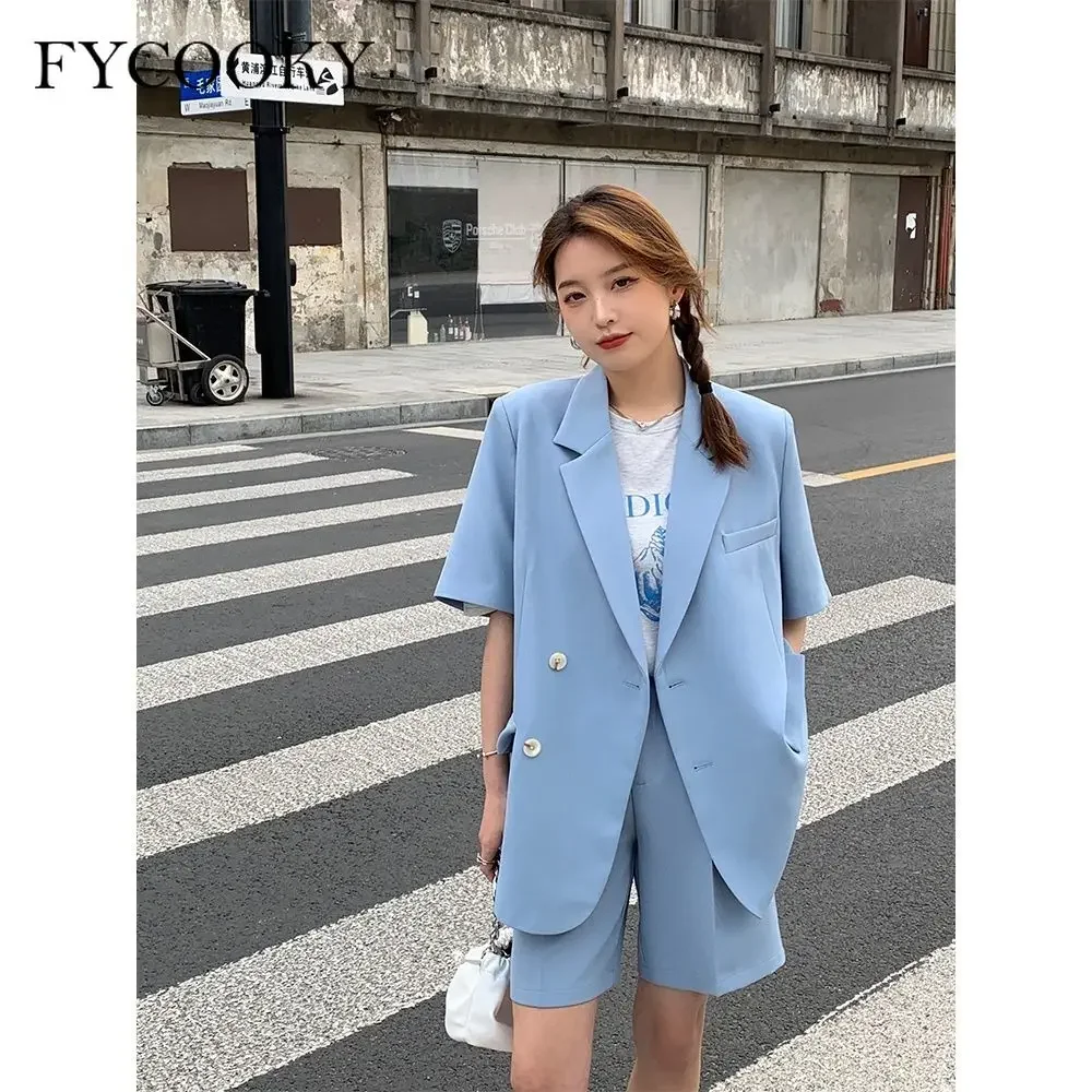 Korean Loose 2 Piece Women Short Set with Blazer Summer 2023 Thin Short-sleeved Blazers + Shorts Casual Office Ladies Suits