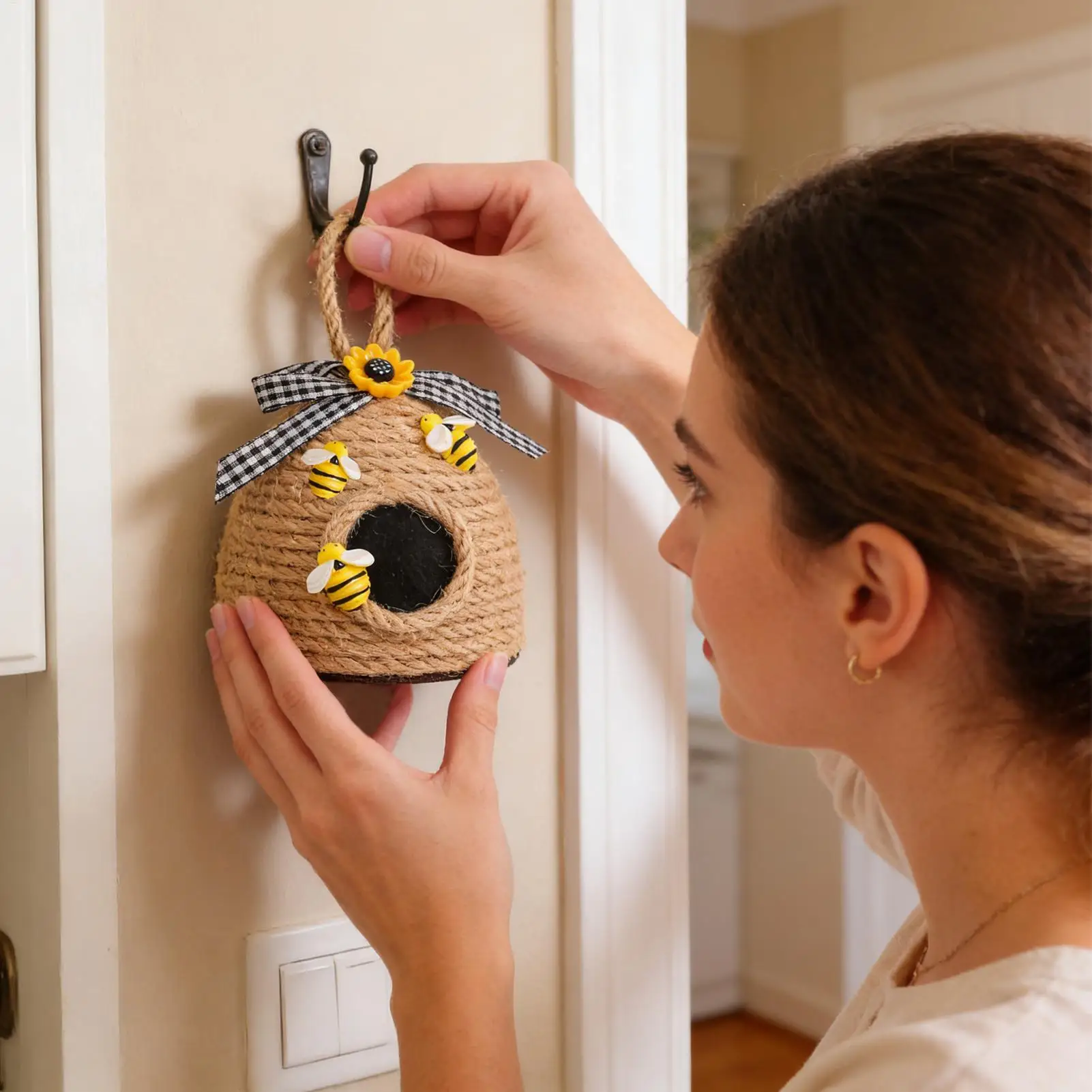 Decoración de colmena de abejas con cuerda, adorno estético de abejas para bandeja escalonada, decoración de estante estilo granja para el hogar, cocina, dormitorio, oficina
