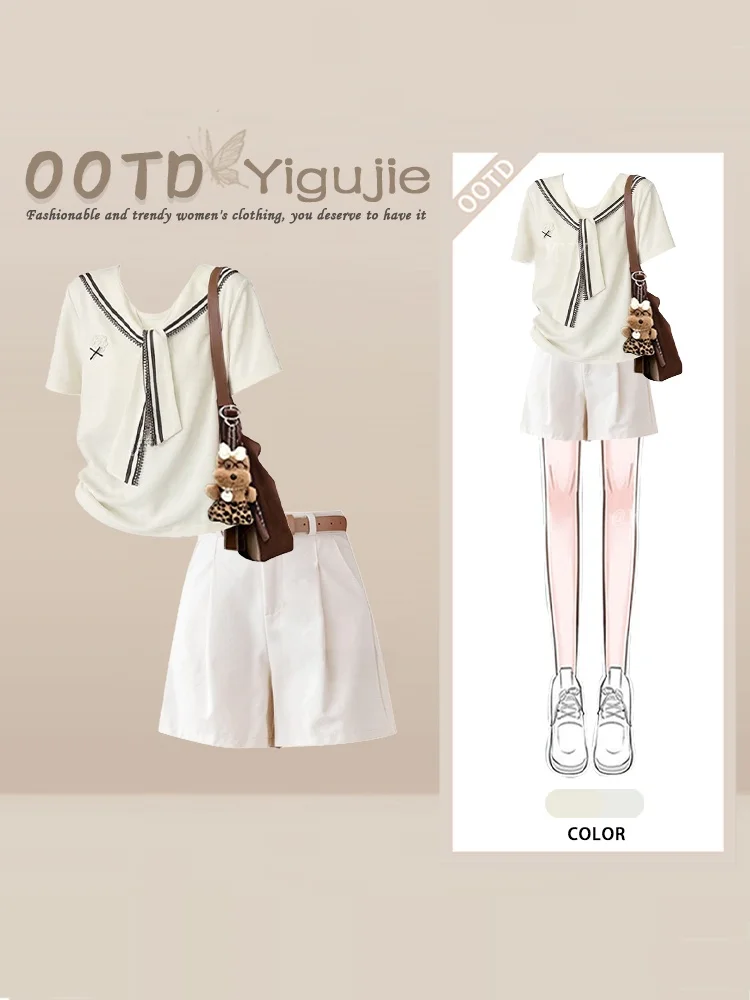 Summer Navy Collar Short Sleeve T-Shirt Women's plus Size Wide Leg Shorts Two-Piece Set College Style Slimming Effect