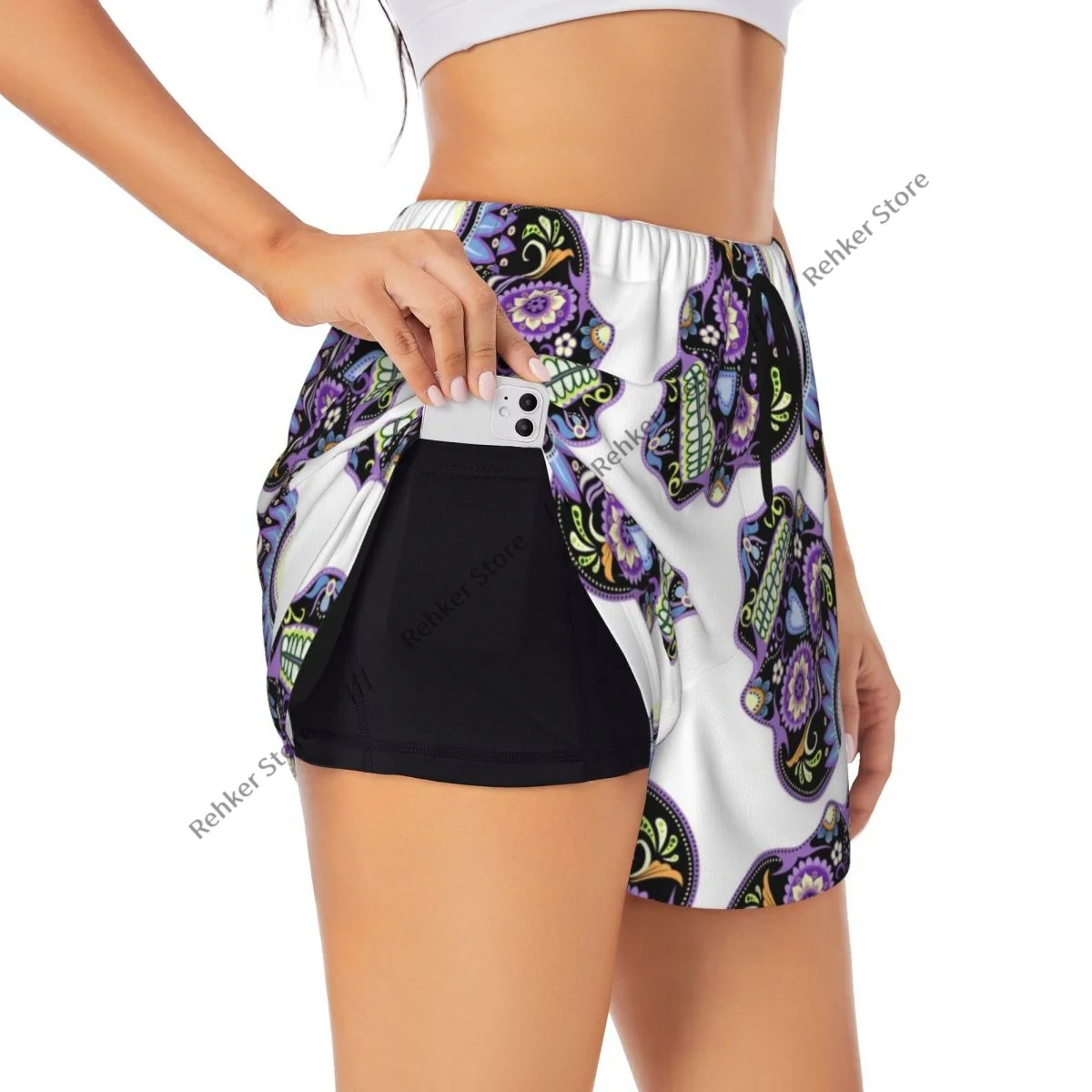 Sugar Skulls Shorts esportivos femininos de camada dupla de secagem rápida para lazer ao ar livre, corrida, fitness, treino, esporte