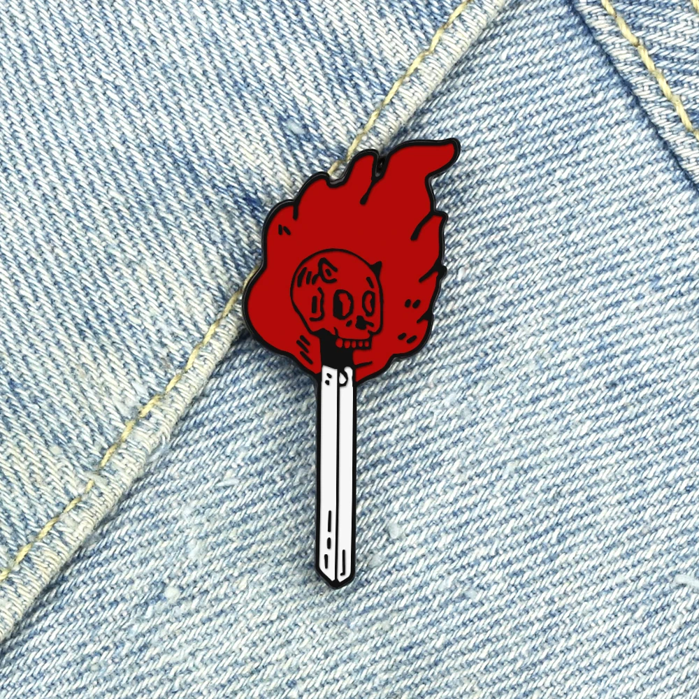 Burning Match Flame Stick Brooch Punk Skull Fire Magical Wand Enamel Pin Gothic Badge Cloth Bag Lapel Pins Jewelry Friends Gifts