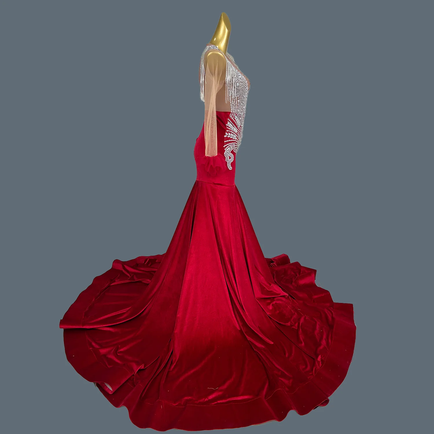 

High-end Floor-length Dress Sparkly Rhinestone Tassel Mesh Velvet Evening Gown Birthday Celebrate Party Dinners Ball Dress Defu