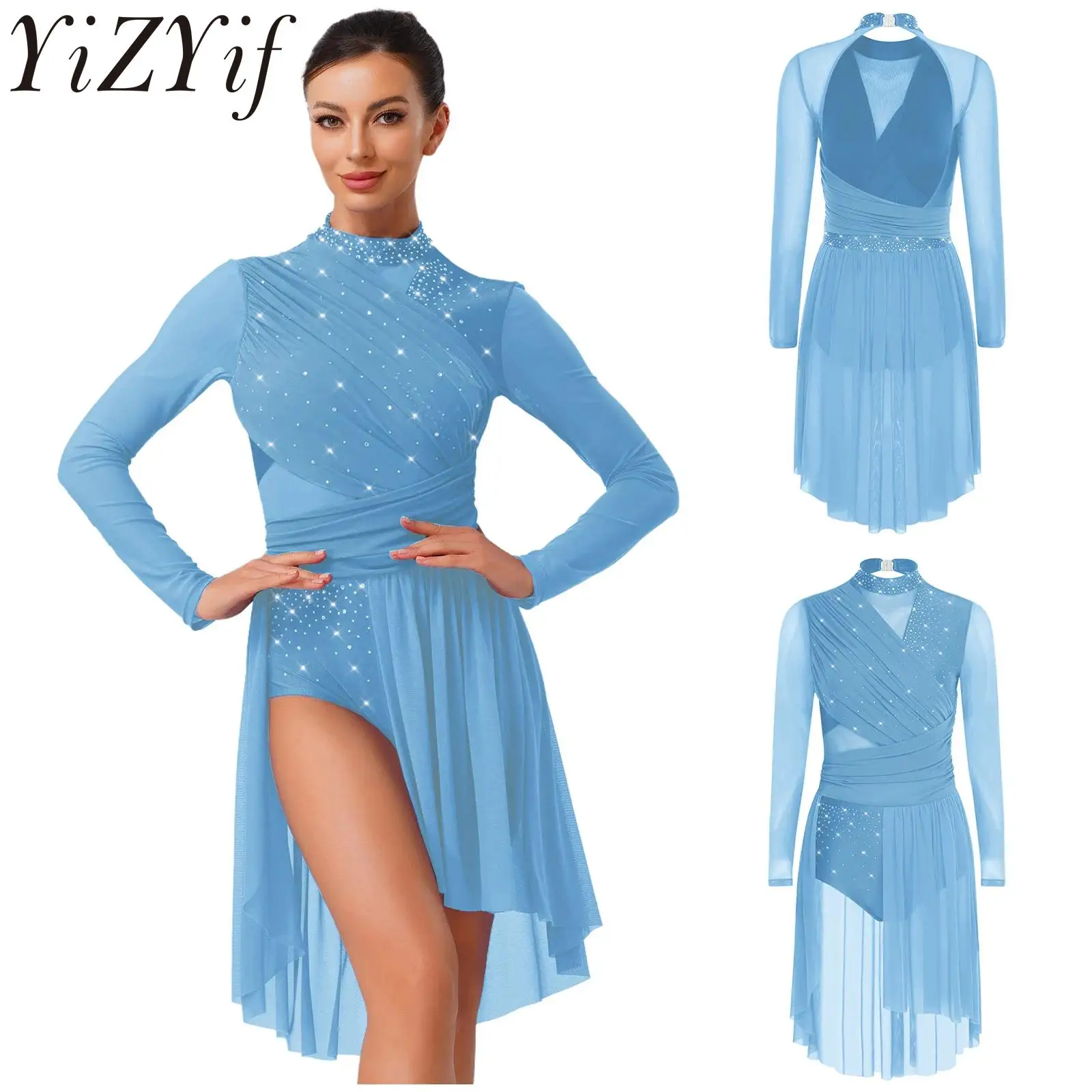 

Женское блестящее платье для лирического танца со стразами, гимнастическое трико, платья с открытой спиной и рюшами, топ для сценического шоу