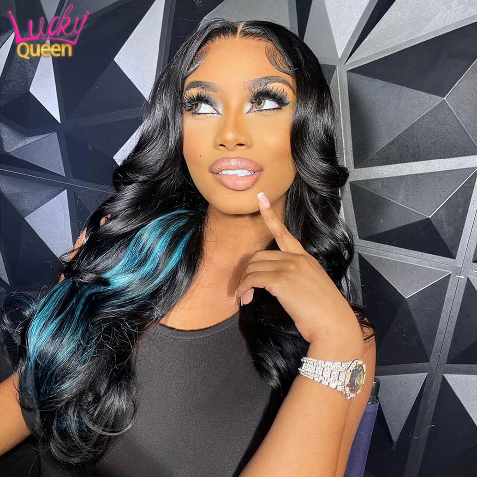 

Highlight Blue 13x4 13x6 Human Hair Wigs Lace Frontal Body Wave Wigs For Women Transparent Closure Wigs Pre Plucked 180 Density