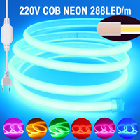220V COB Neon Strip Light EU Plug 288LEDs/m Waterproof Outdoor Room Kitchen LED Ribbon Warm Cool White Red Ice Blue Green Pink