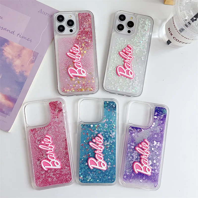 Cute Barbie Liquid Quicksand Bling Glitte Phone Cover For iPhone 11 12 13 14 15 16 Pro Max Cartoon Pink Heart Love Sparkle Case