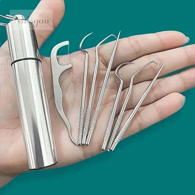 Stainless Steel Toothpicks Pocket Set Portable Floss Pick Reusable Metal Tooth Cleaning Kit with Keychain Holder