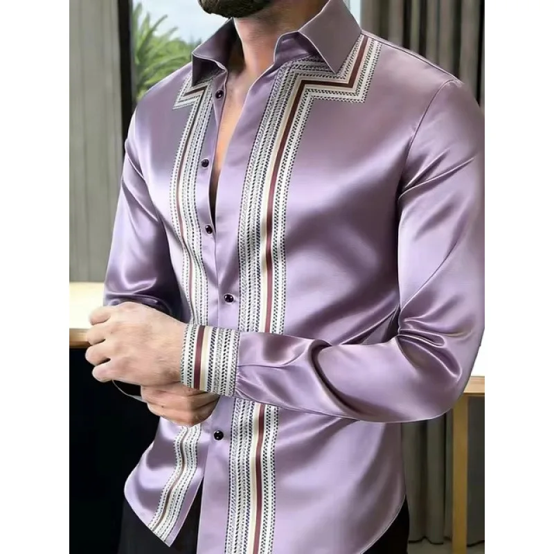 Men Firework Star Print Satin Shirt Glossy Long Sleeve Button Up Party Shirt