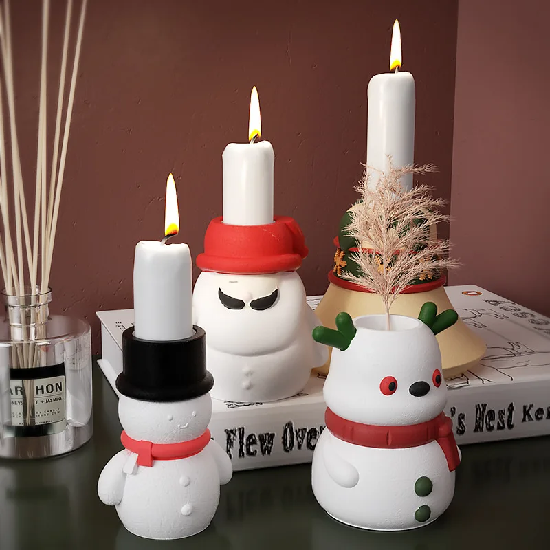 Christmas Candle Holder Silicone Mold DIY Santa Claus Snowman Elk Bell Candlestick Flower Pot Resin Mould Home Decor Xmas Gift