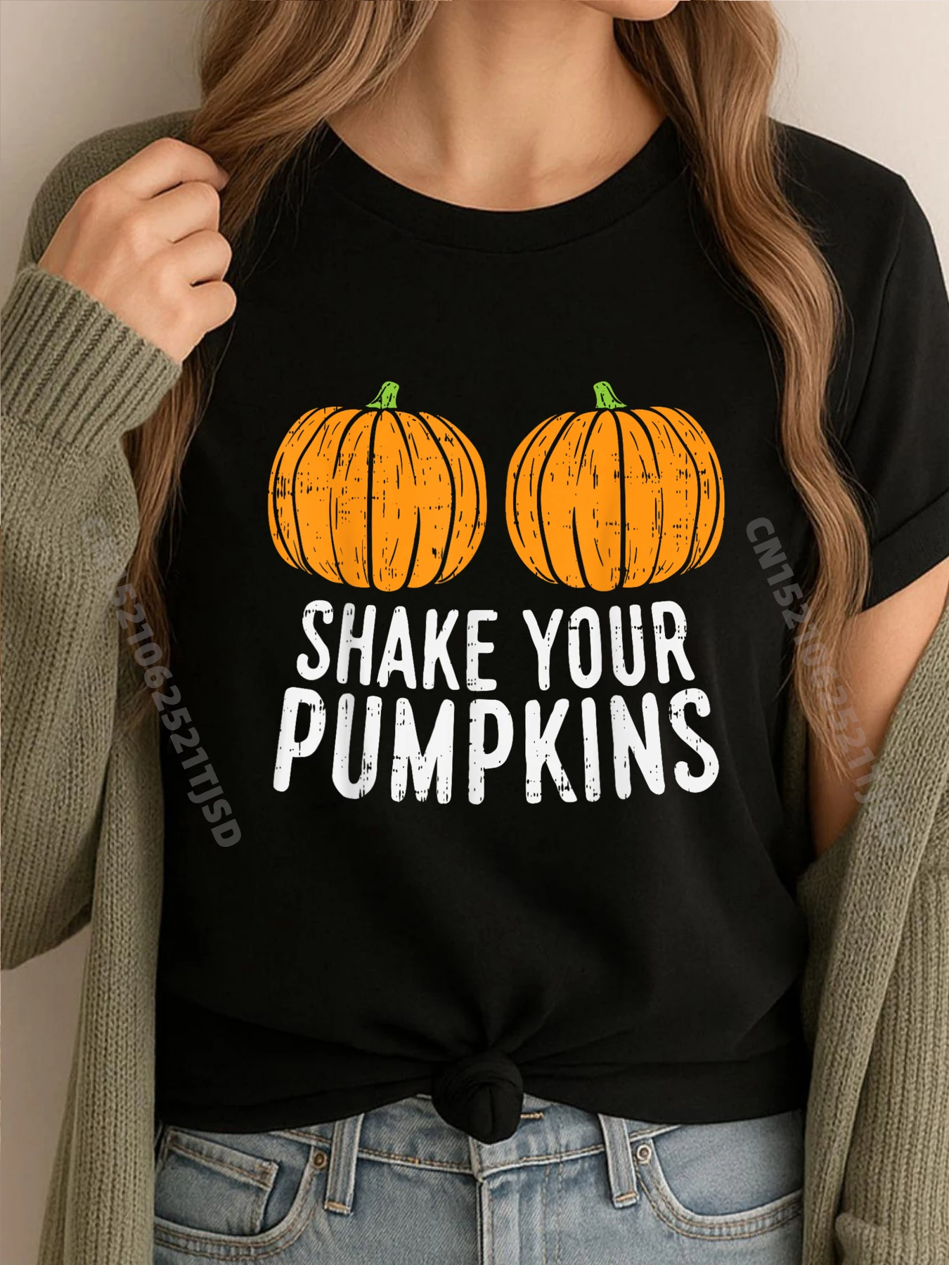 

Shake Your Pumpkins Matching Couple Halloween Girls Black Shirt Graphic Tees Adult Streetwear Woman