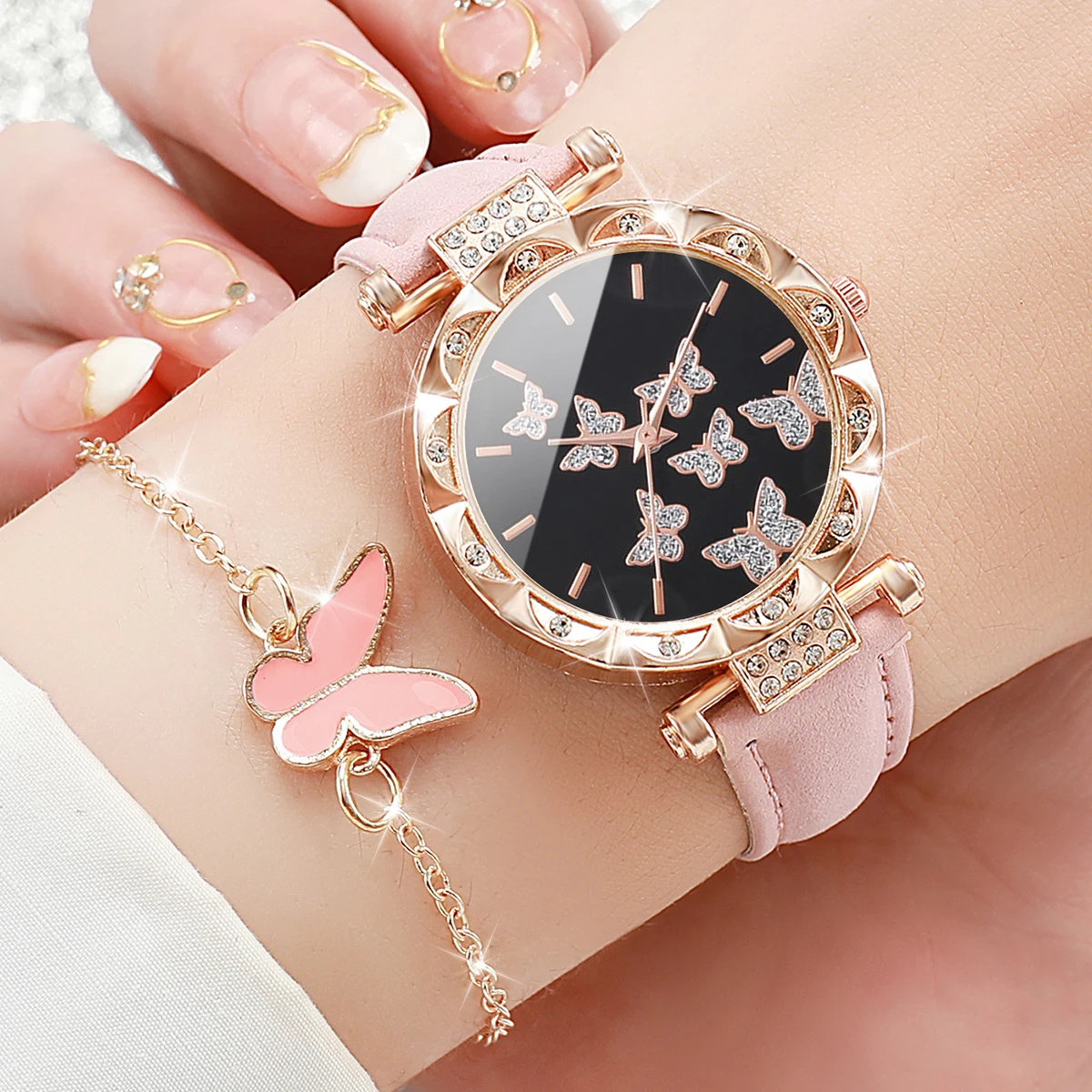 5PCS/Set Fashion Butterfly Women Watches Jewelry Set Luxury Rhinestone Female Leather Band Quartz Watch ( Without Box )