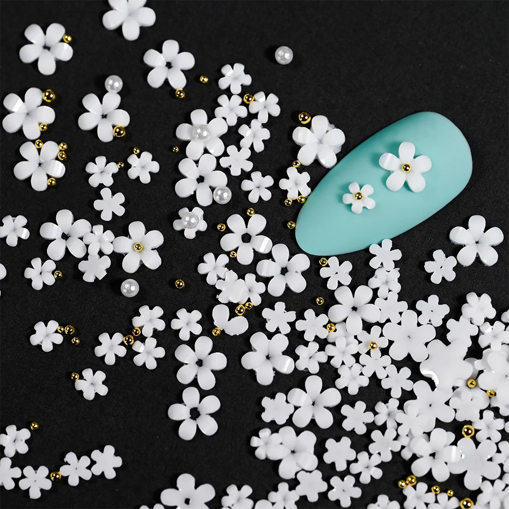 5G 다채로운 수지 다섯 꽃잎 꽃 네일 매력 골드 & 진주 비즈와 3D 핑크/화이트/그린/로즈 아크릴 꽃 네일 라인 석