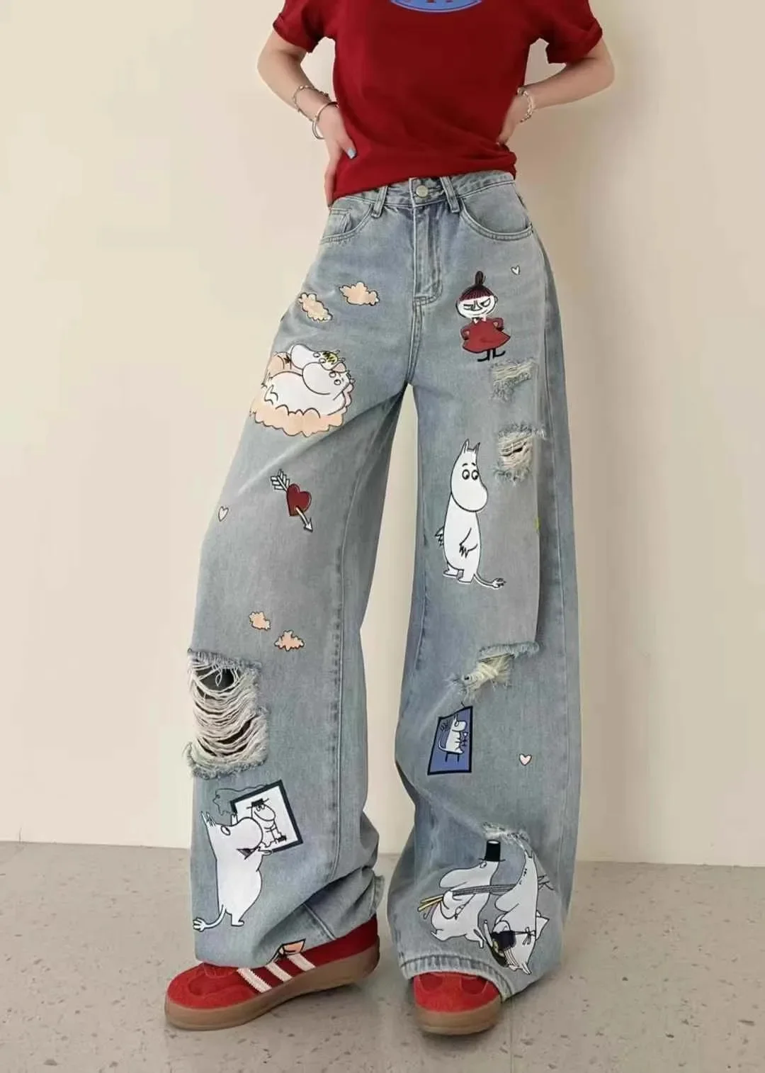 

Женские винтажные синие рваные джинсы с рисунком граффити, потертые рваные джинсы в американском стиле ретро, хип-хоп, уличная одежда, широкие джинсовые брюки с высокой талией