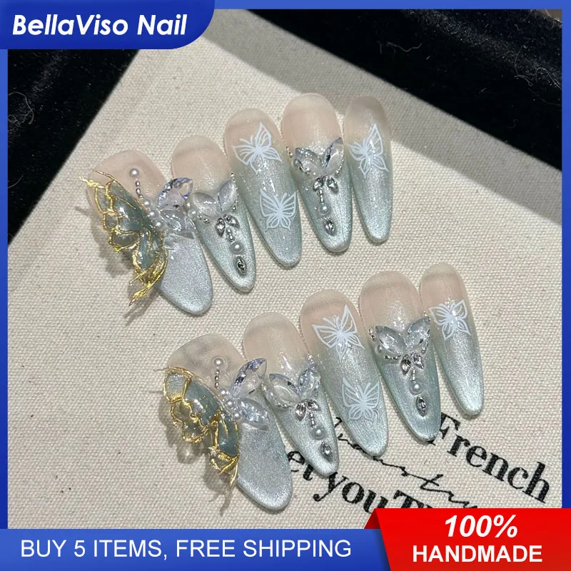 

Dancing Butterfly | Luxury French Long Stiletto Press On Nails Cat Eyes Fake Nails 10pcs Handmade 3D Painting Wearable Nail Tips