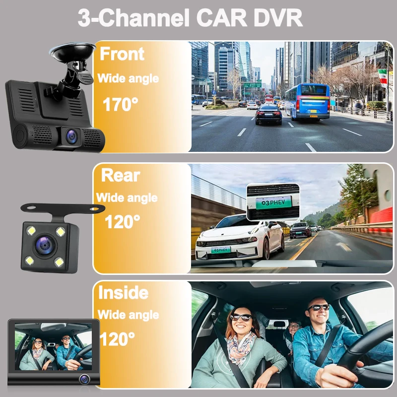 Dash Cam para carros, gravador de vídeo, caixa preta, câmera de visão traseira, monitor de estacionamento do veículo, montagem do carro, 3 lentes, DVR, 1080P, 4