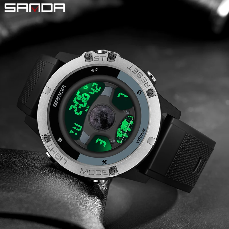 SANDA 9024 Men\'s New Car Steering Wheel Watch Sport Silicone Band Design 50M Waterproof LED Digital Wristwatch Relogio Masculino